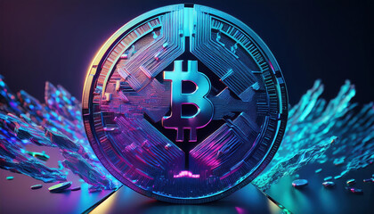Poster - stylized holographic coin representing digital currency with vibrant colors and fragmented design, symbolizing asset risks