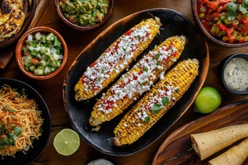 Poster - Elote topped with cotija lime and chili served with sides