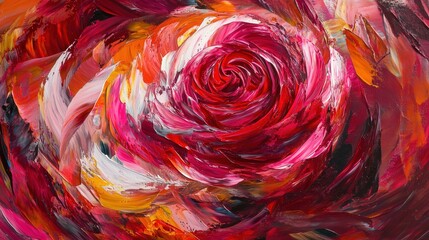 Wall Mural - bright and colorful painting of a rose, with swirling reds and pinks, symbolizing the passion and joy of love on Valentine's Day.