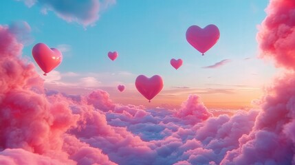 Poster - bright Valentine's Day sky with vibrant heart-shaped balloons and cotton candy clouds creating a romantic view