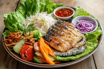 Poster - Fried mackerel with fresh veggies rice noodles and spicy sauce Thai mackerel lettuce wrap included