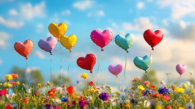 Valentine's Day image with colorful heart-shaped balloons floating over a meadow of flowers