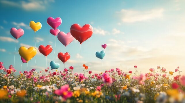Valentine's Day image with colorful heart-shaped balloons floating over a meadow of flowers