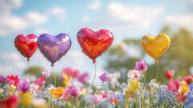 Valentine's Day image with colorful heart-shaped balloons floating over a meadow of flowers