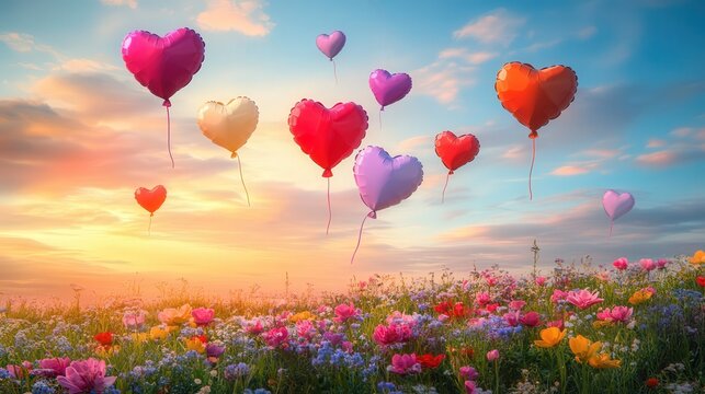 Valentine's Day image with colorful heart-shaped balloons floating over a meadow of flowers