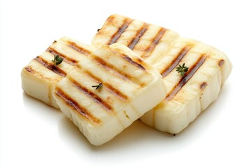 Wall Mural - Grilled Halloumi cheese on a white backdrop seen from above