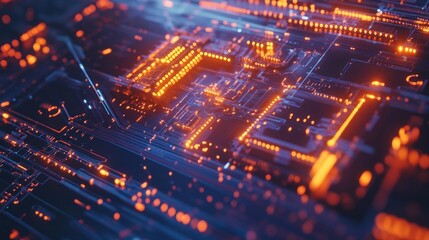 Poster - abstract digital circuitry: glowing network of orange and blue