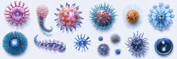 Fototapete - Evolving bacteria showcasing diverse forms and structures in a laboratory culture setting over time. Generative AI