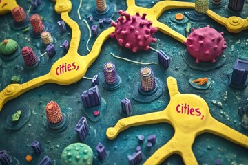 Aufkleber - Playful depiction of bacteria colonies represented as colorful cities in a creative and imaginative design. Generative AI