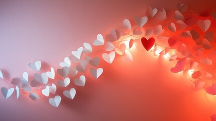 Wall Mural - featuring white and red heart-shaped paper stickers arranged in a cascading pattern on a pastel pink wall, glowing under soft warm lights.