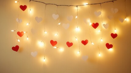 Wall Mural - Valentine's Day setup with white and red heart stickers clustered around string lights on a beige wall