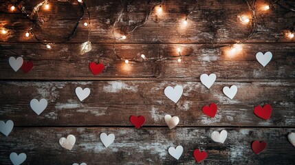 Wall Mural - Valentine scene with white and red heart stickers scattered across a rustic wooden wall, paired with string lights.