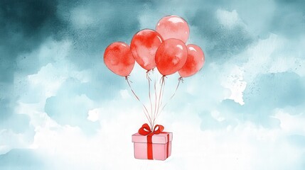 Wall Mural - watercolor painting of a pink gift box with red ribbons, tied to red balloons lifting it gently into a dreamy sky