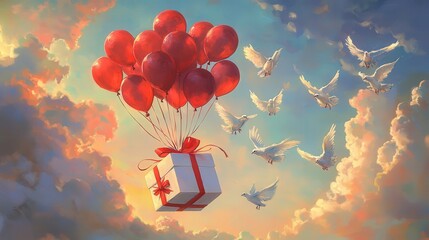 Wall Mural - fantasy-inspired painting of a floating gift box tied with red balloons, carried by doves through a magical Valentine's Day sky