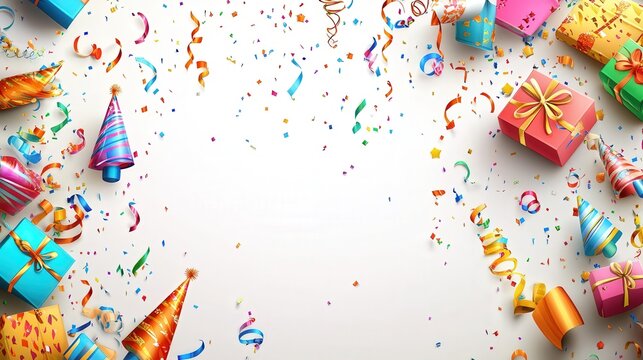 festive birthday background with colorful gift boxes, party hats, and ribbons scattered across a white surface