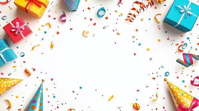 festive birthday background with colorful gift boxes, party hats, and ribbons scattered across a white surface