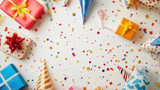 festive birthday background with colorful gift boxes, party hats, and ribbons scattered across a white surface