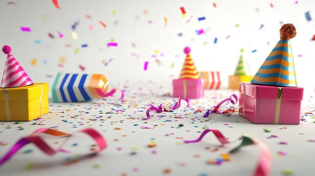 festive birthday background with colorful gift boxes, party hats, and ribbons scattered across a white surface