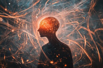 Aufkleber - Person surrounded by swirling lines and abstract shapes representing thoughts and emotions in a surreal setting. Generative AI