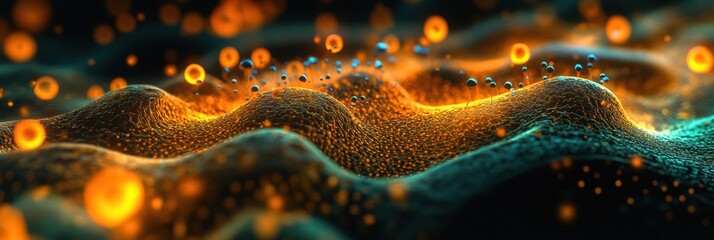 Fototapete - Close up view of molecular interactions among microbes showcasing complex structures and vibrant colors. Generative AI