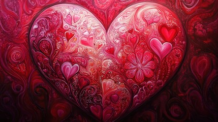 Aufkleber - painting featuring intricate patterns in vibrant reds and pinks, symbolizing the warmth and passion of Valentine's Day.