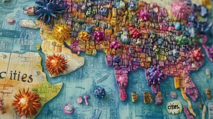 Aufkleber - Bacteria colonies depicted as colorful cities on a playful map showcasing imaginative representations of microorganisms. Generative AI