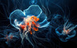 © Narongsak - A mesmerizing underwater scene featuring luminous jellyfish gracefully gliding through dark waters, showcasing their delicate, translucent bodies and vibrant colors