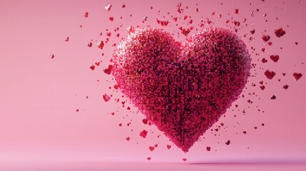 Poster - Valentine Day logo with a digital pixelated heart, symbolizing love in the age of technology, against a vibrant pink background.