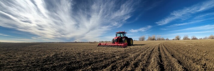 Aufkleber - Red tractor working on a plowed field under a clear sky with scattered clouds during a sunny day. Generative AI