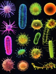 Leinwandbilder - Bacteria evolving through diverse forms and colors in a captivating microscopic view. Generative AI