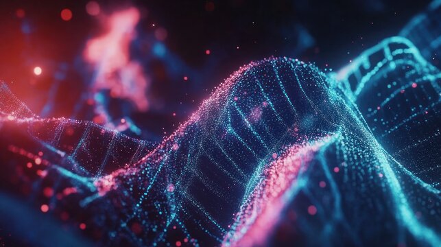 Abstract Digital Landscape: Neon Blue and Pink Particle Wave