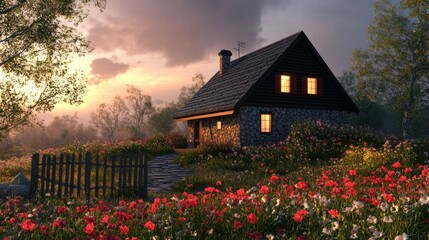 Poster - Cozy countryside house on a hill amidst flowers at sunset near a stone fence. Generative AI