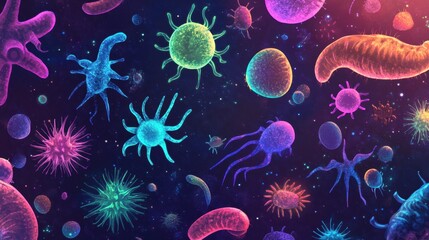 Leinwandbilder - Vibrant array of bacteria and microbes in a colorful representation showcasing diverse life forms. Generative AI