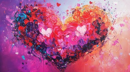 Poster - heart-shaped painting with vibrant hues of pink, red, and purple, symbolizing the joy and excitement of love for Valentine's Day.