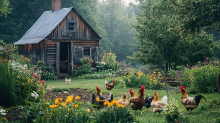 Poster - Chickens and roosters roam freely in a lush wooden farmyard surrounded by vibrant flowers and a rustic cabin. Generative AI