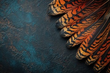 Pheasant plumage against a dark textured backdrop empty space