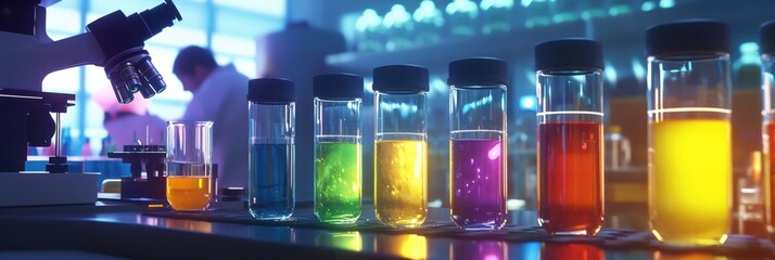 Aufkleber - Laboratory filled with colorful test tubes and microscopes showcasing experiments in a scientific environment. Generative AI