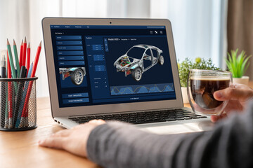Poster - electric car design software on computer screen showing simulation blueprint snugly by digital calcu