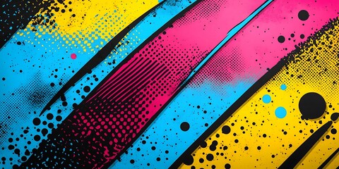 Poster - Bold, cartoon-style dots and lines in yellow, pink, and cyan, with thick black outlines, offering a lively, pop art feel.