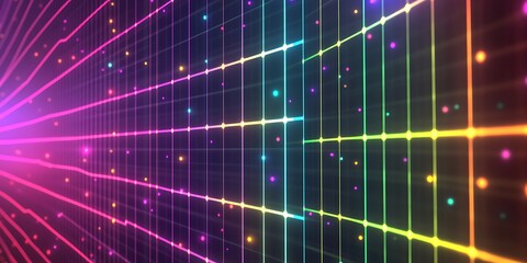 Poster - A digital grid pattern in neon colors like electric purple, green, and yellow, evoking a retro, 80s-inspired aesthetic.