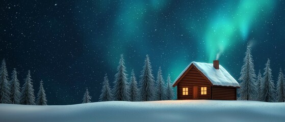 Wall Mural - A cozy cabin illuminated under a stunning aurora borealis, surrounded by snow-covered trees in a serene winter landscape.