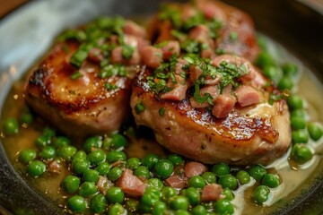 Roman style saltimbocca with peas and ham