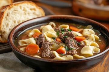 Poster - Robust beef and veggie shurpa in a ceramic bowl with rustic bread