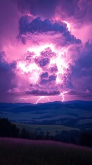 Aufkleber - the electric beauty of a thunderstorm as the sky splits open with lightning above rolling hills.