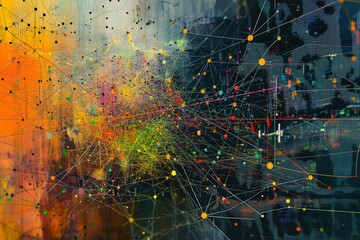 Poster - Colorful painting of a cityscape with many dots and lines
