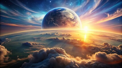 Wall Mural - a celestial sunrise over a distant planet, viewed from above the cloud cover