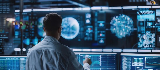 A Man Working on Multiple Computer Monitors in a Dark Room