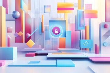 Poster - colorful room with a pink square in the middle with a person on it