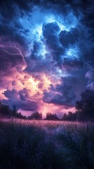Aufkleber - thunder striking over a calm valley, casting fleeting light over rolling hills.