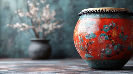 Poster - Beautifully Decorated Asian Pot with Floral Design on a Rustic Table, Backdrop Featuring a Soft Color Palette and Simple Minimalist Vase in the Background